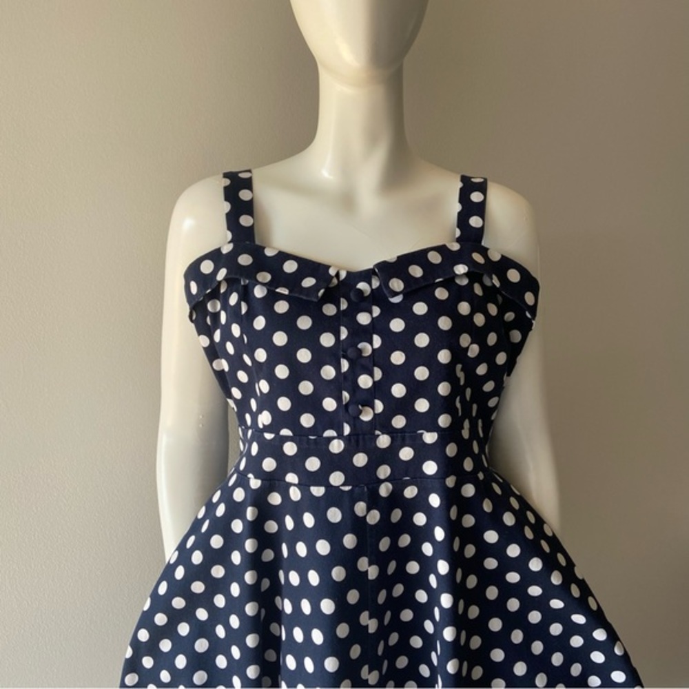Caroline Morgan navy and white polka dot fit n flare 50s style mini dress Size16 - Picture 3 of 15